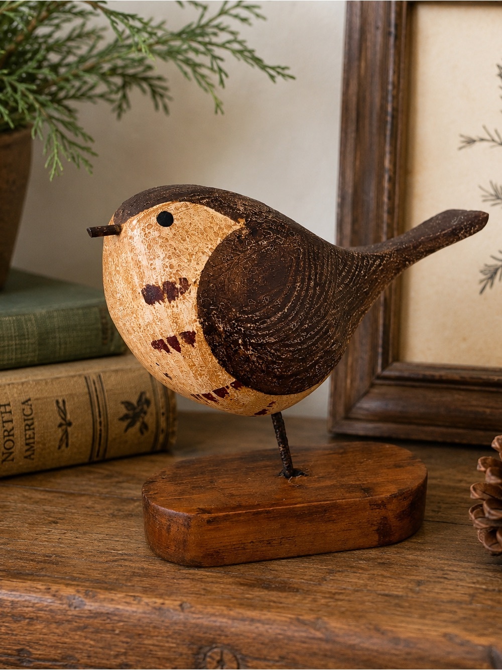 Handcrafted Folk Art Brown & Cream Decorative “Fat Bird” Figurine - Timber Base